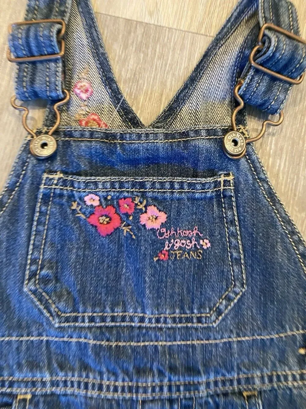 OshKosh B’gosh Toddler Girls Denim Overalls Blue Jean Floral Embroidered 18 Mo